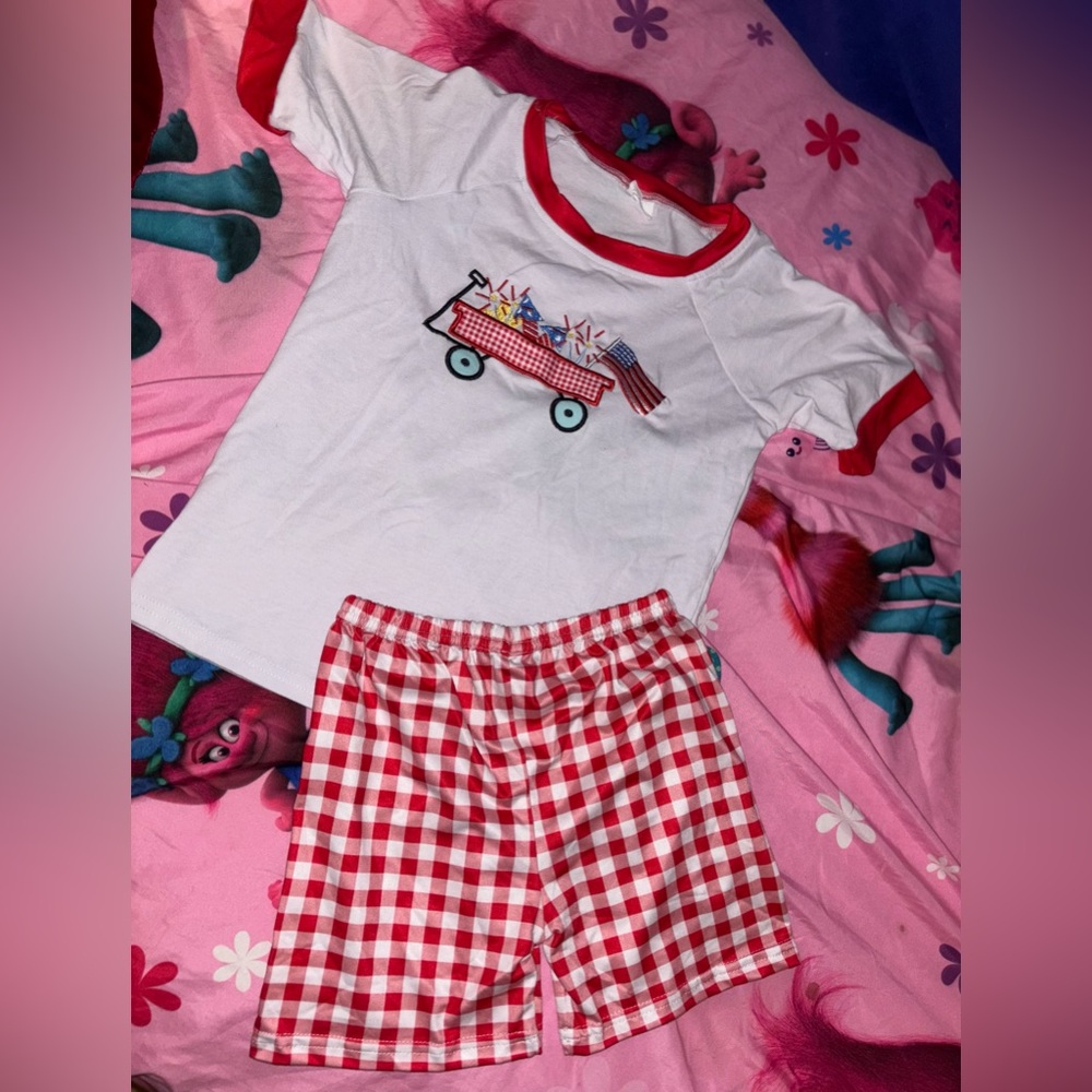 Kids Red and White Wagon Print Matching Set